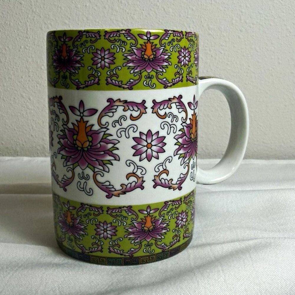 World Market Floral Ceramic Coffee Mug White Green Purple Orange Colors